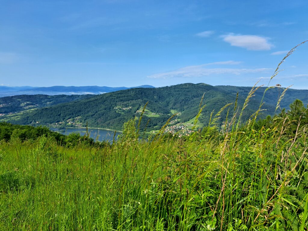 Widok z Żaru na Rogacz i Czupel, na dalszym planie Beskid Śląski